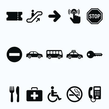 Collection of black vector icons representing transportation, services, and.. 库存插图