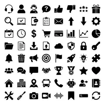 Collection of black vector icons representing various business, technology,.. Stock Illustration