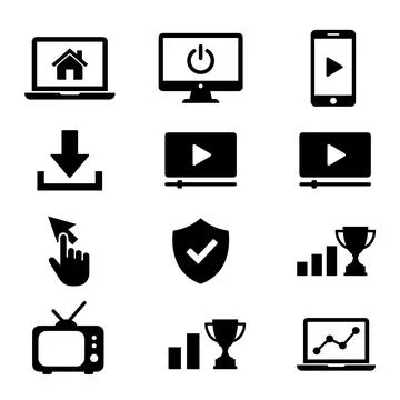 Collection of black vector icons representing technology, media, and succes.. Illustrazione stock