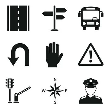 Collection of black vector icons representing traffic, navigation, and safe.. Stock Illustration
