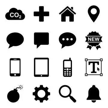 Collection of black vector icons representing cloud with CO2, plus sign, ho.. イラスト素材