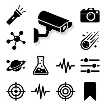 Collection of black vector icons representing science, technology, security.. Stock Illustration