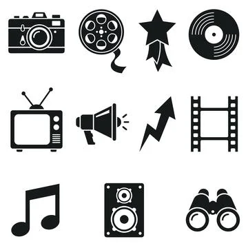 Collection of black vector icons representing media, entertainment, and com.. Stock Illustration