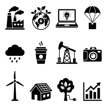 Collection of black vector icons representing industry, environment, techno.. Illustrazione stock