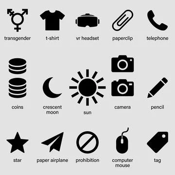Collection of black vector icons representing diverse objects and symbols i.. Stock Illustration