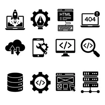 Collection of black vector icons representing web development, coding, and .. Stock Illustration