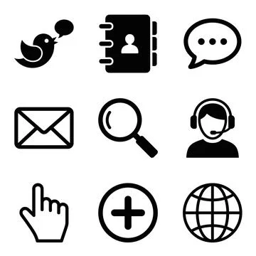 Collection of black vector icons representing communication, contact, searc.. Stock Illustration