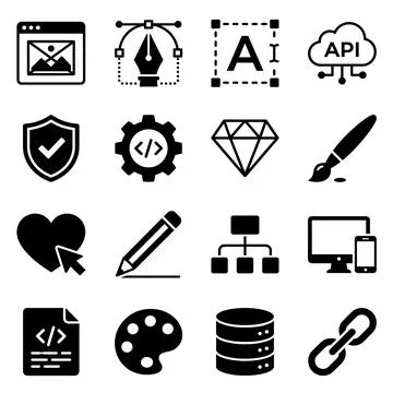 Collection of black vector icons representing web design, development, and .. Stock Illustration