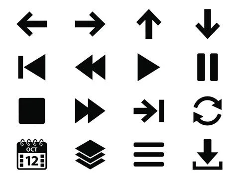 Collection of black vector interface icons including navigation arrows, med.. Ilustración de archivo