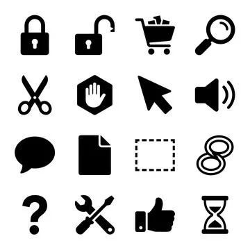 Collection of black vector interface icons including locked and unlocked pa.. Ilustración de archivo