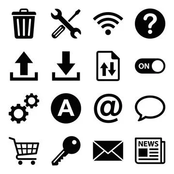 Collection of black vector interface icons including trash can, tools, WiFi.. Ilustración de archivo