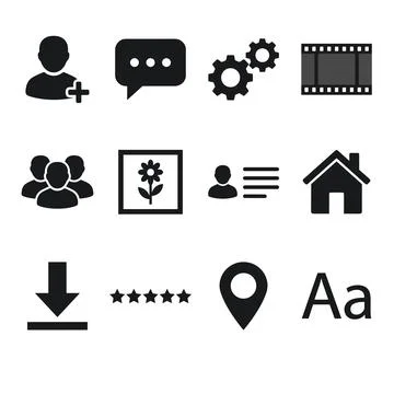 Collection of black vector interface icons including user add, chat bubble,.. Illustrazione stock