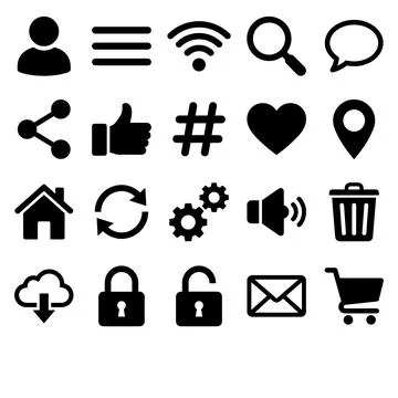 Collection of black vector interface icons including user, menu, wifi, sear.. Stock Illustration