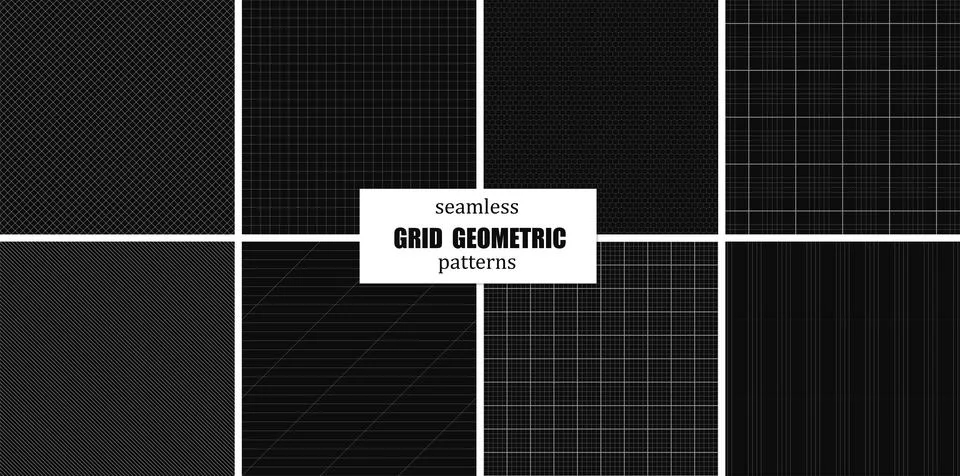 Collection of black vector seamless geometric patterns. Grid squared and striped Stock Illustration