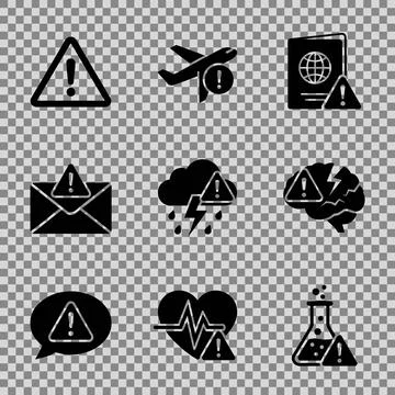Collection of black warning alert icons including airplane, passport, email.. Stock Illustration