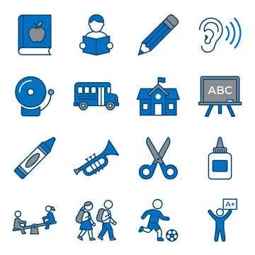 Collection of blue and gray school education icons including book, student .. Ilustración de archivo