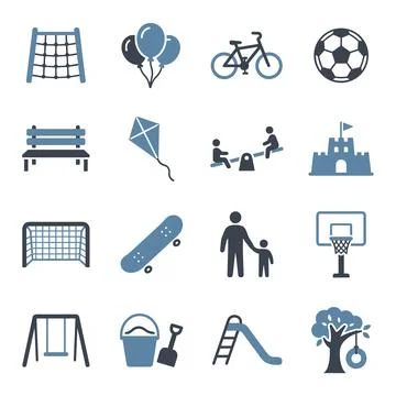 Collection of blue and grey flat icons representing playground equipment, s.. Stock Illustration