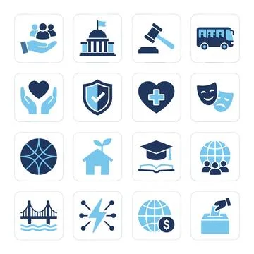 Collection of blue and white flat icons representing community, government,.. Stock Illustration