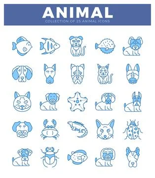 Collection of blue and white line art animal icons on a white background. Stock Illustration