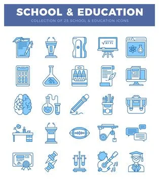 Collection of blue and white school and education icons on a white background Stock Illustration