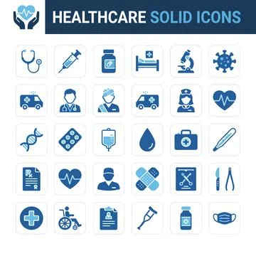 Collection of blue and white solid healthcare icons representing medical sy.. Stock Illustration
