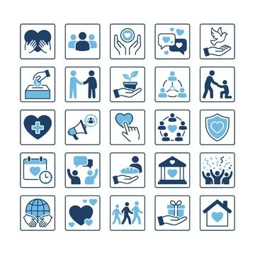 Collection of blue and white vector icons representing charity, community, .. Stock Illustration