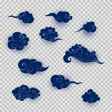 Collection of blue asian clouds. Set of paper cut cartoon clouds in traditional Stock Illustration