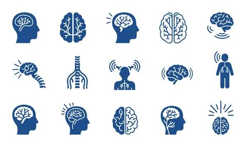 Collection of blue brain and head icons with various thoughts and ideas Stock Illustration