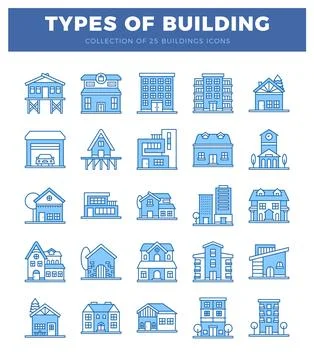 Collection of blue building icons on white background Ilustración de archivo