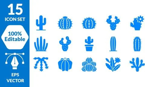 Collection of blue cactus icons representing desert flora in a vector style s Stock Illustration