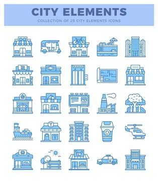 Collection of blue city elements icons with buildings. vehicles. and amenitie Illustrazione stock