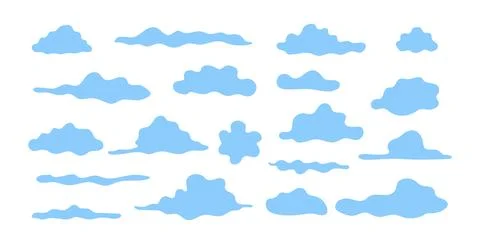 Collection of Blue Clouds in Various Shapes on Isolated White Background Stock Illustration