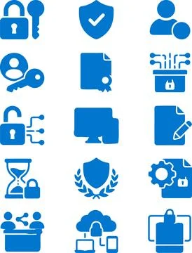 Collection of blue cyber security and digital data protection icons on whit.. Illustrazione stock