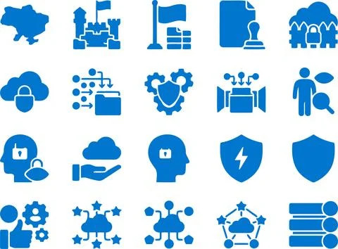 Collection of Blue Digital Security and Cloud Computing Network Icons Set Stock Illustration
