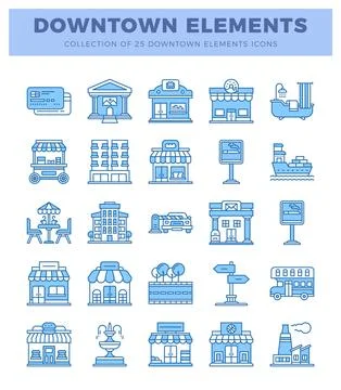 Collection of blue downtown element icons on white background. illustrating.. Stockillustratie