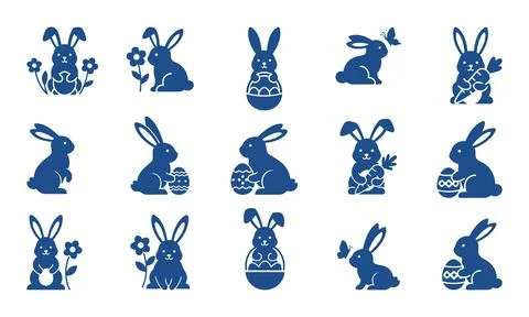 Collection of blue easter bunny silhouettes with eggs and flowers Illustrazione stock