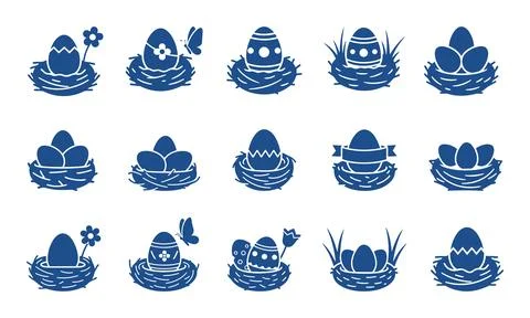 Collection of blue easter eggs in various decorative nests Stock Illustration