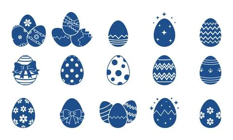 Collection of blue easter eggs with various white patterns Illustrazione stock