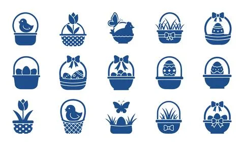 Collection of blue easter icons on with baskets and eggs Stock Illustration