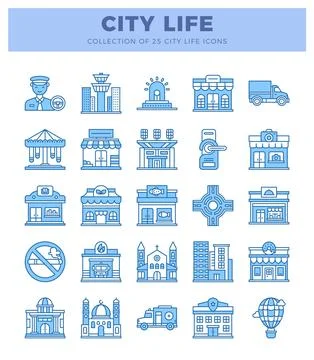 Collection of blue flat icons representing city life elements and buildings.. Illustrazione stock
