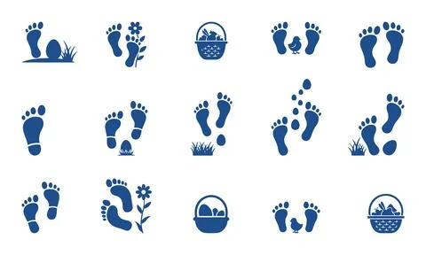 Collection of blue footprints and easter themed icons 스톡 일러스트