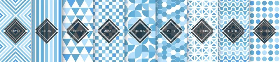 Collection of blue geometric seamless patterns. Tile mosaic endless textures Illustrazione stock