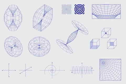 Collection of blue geometric structures, waveforms, mathematical grids, and Stock Illustration