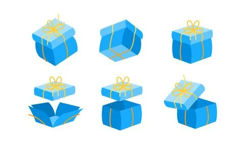 Collection of blue gift boxes with yellow ribbons, showcasing various stages of Stock Illustration