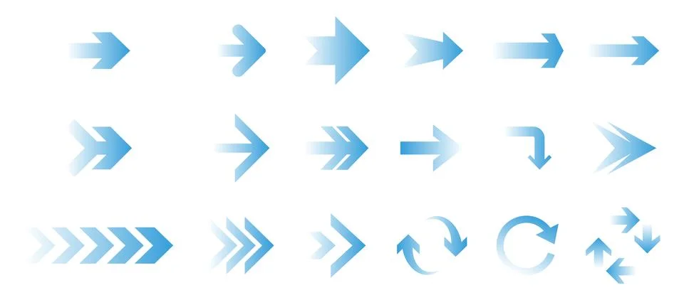 Collection of blue gradient arrows pointing in various directions symbol Stock Illustration