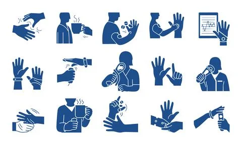 Collection of blue hand gestures and gun icons Stock Illustration