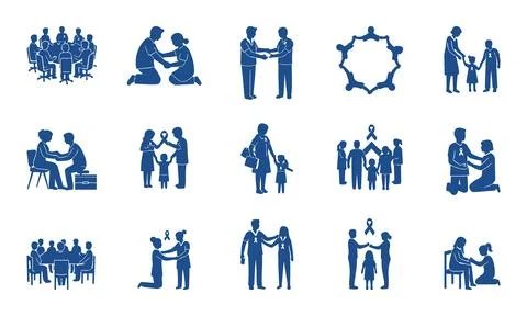Collection of blue human relationship and teamwork icons Stock Illustration