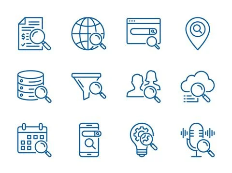 Collection of blue line icons representing search and analysis concepts: do.. Иллюстрация