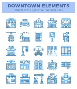 Collection of blue outlined downtown elements icons. representing urban ser.. 스톡 일러스트