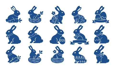 Collection of blue rabbit illustrations in various poses Stock Illustration